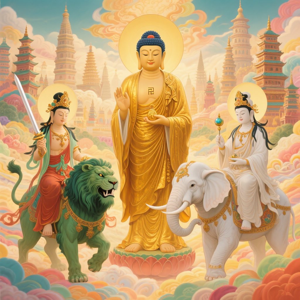 华严三圣 - 毗卢遮那佛、文殊菩萨、普贤菩萨