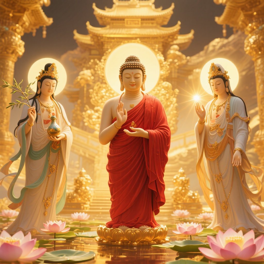 西方三圣 - 阿弥陀佛、观世音菩萨、大势至菩萨